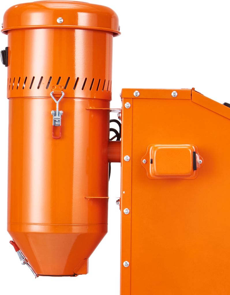 A close-up view of an orange dust collection system.