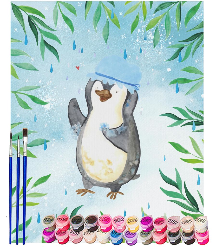 Mr. & Mrs. Panda Malen nach Zahlen Pinguin Duschen 40 x 50 cm Mit Rahmen - Eisblau - Geschenk, Pinguine, malset, DIY, Dusche, Acryl, Zahlenbild, Du...