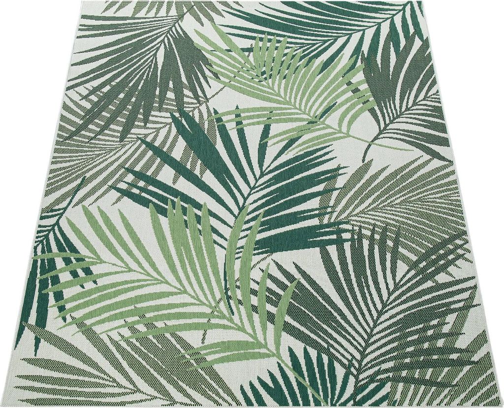 Outdoor Teppich Palmblättermuster Balkon, Terrasse schmutzabweisend Grün Rechteckig 120x170 | 100% Polypropylen | pflegeleicht