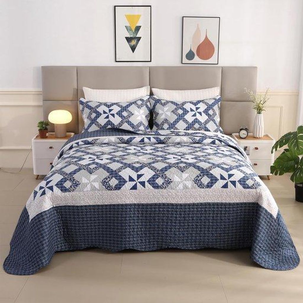 Blauwe microvezel bedsprei set mit Kissenbezügen für ein Zweibett