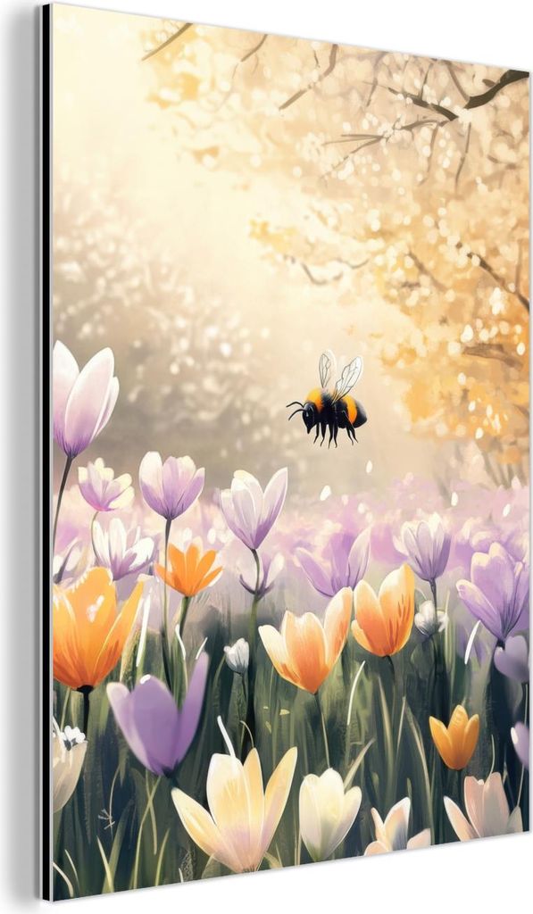 MuchoWow Wanddekoration Metall Metallbild Wandkunst 60x80 cm Veilchen - Biene - Sonnenlicht MuchoWow Aluminium Gemälde - Wanddekoration Metall