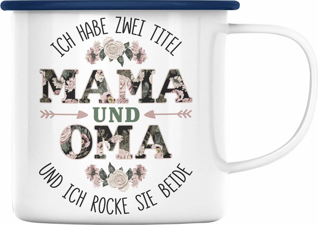 Trendation - Mama und Oma Emaille Tasse Geschenk für Oma Weihnachten Geburtstag Lustige Emaille Tasse Beste Oma (Blau)