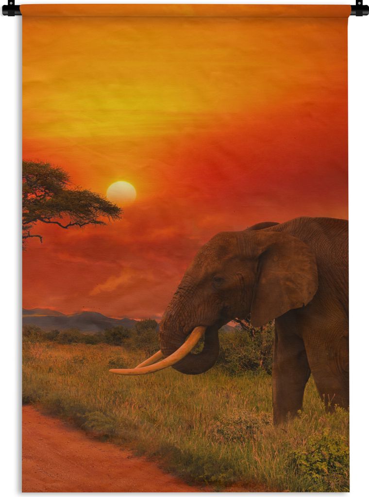 MuchoWow Wandteppich Wandbehang Elefant - Sonnenuntergang - Orange - Savanne - Tiere 120x180 cm Tapisserie Dekoration Wandtuch - Schlafzimmer - D...