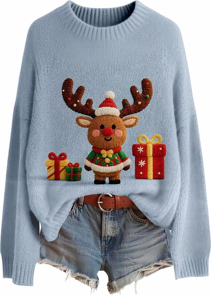 ASKSA Damen Weihnachtspullover,Strickpullover Rundhals Pulli Sweater Herbst Winter Warm Strickpulli Weihnachtspulli (C-Hellblau,L)