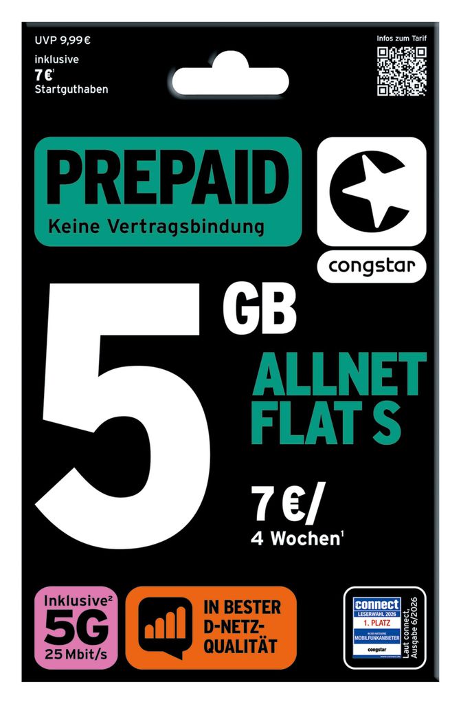 congstar Prepaid Allnet S: 5 GB Datenvolumen & Flatrate für Produktbild 