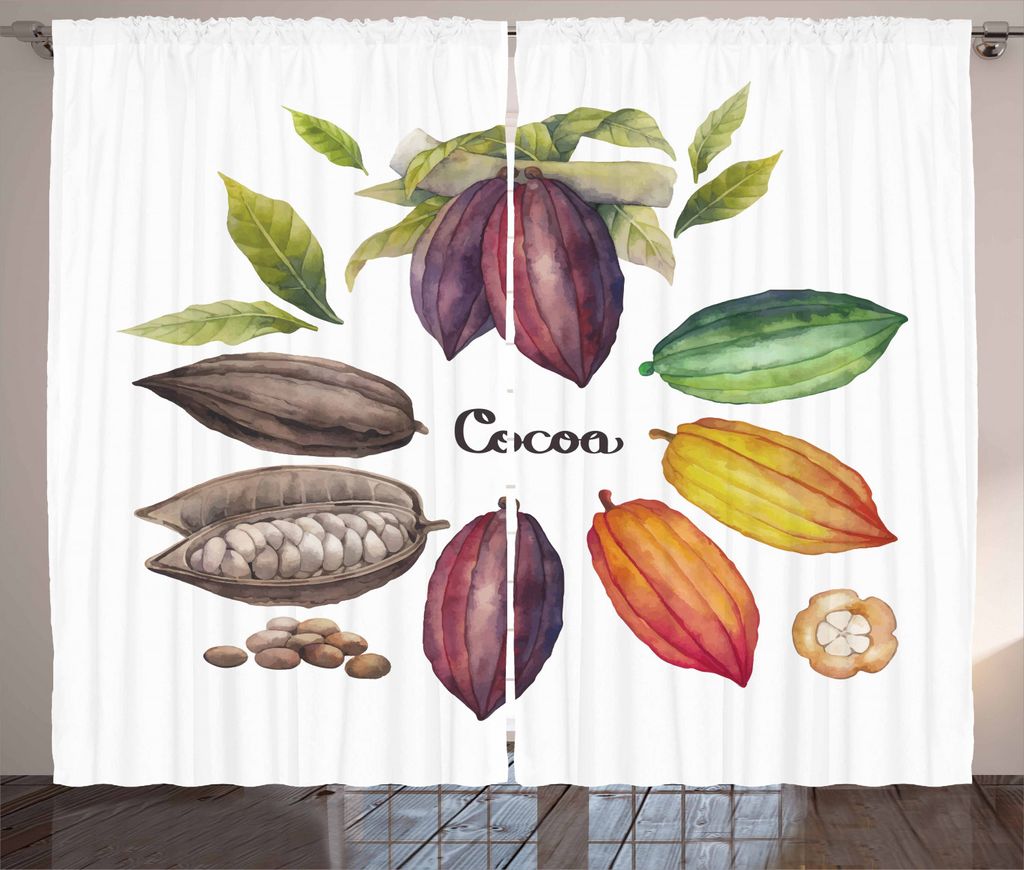 ABAKUHAUS Kakao Rustikaler Gardine, Exotisches Essen bunte Design, Schlafzimmer Kräuselband Vorhang mit Schlaufen und Haken, 280 x 225 cm, Mehrfarbig