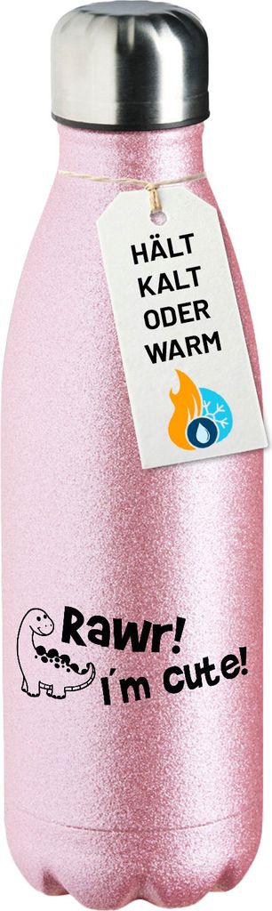 Huuraa Trinkflasche Brachiosaurus I`m cute 500ml Pink Edelstahl Wasserflasche Trinkflasche Geschenkidee