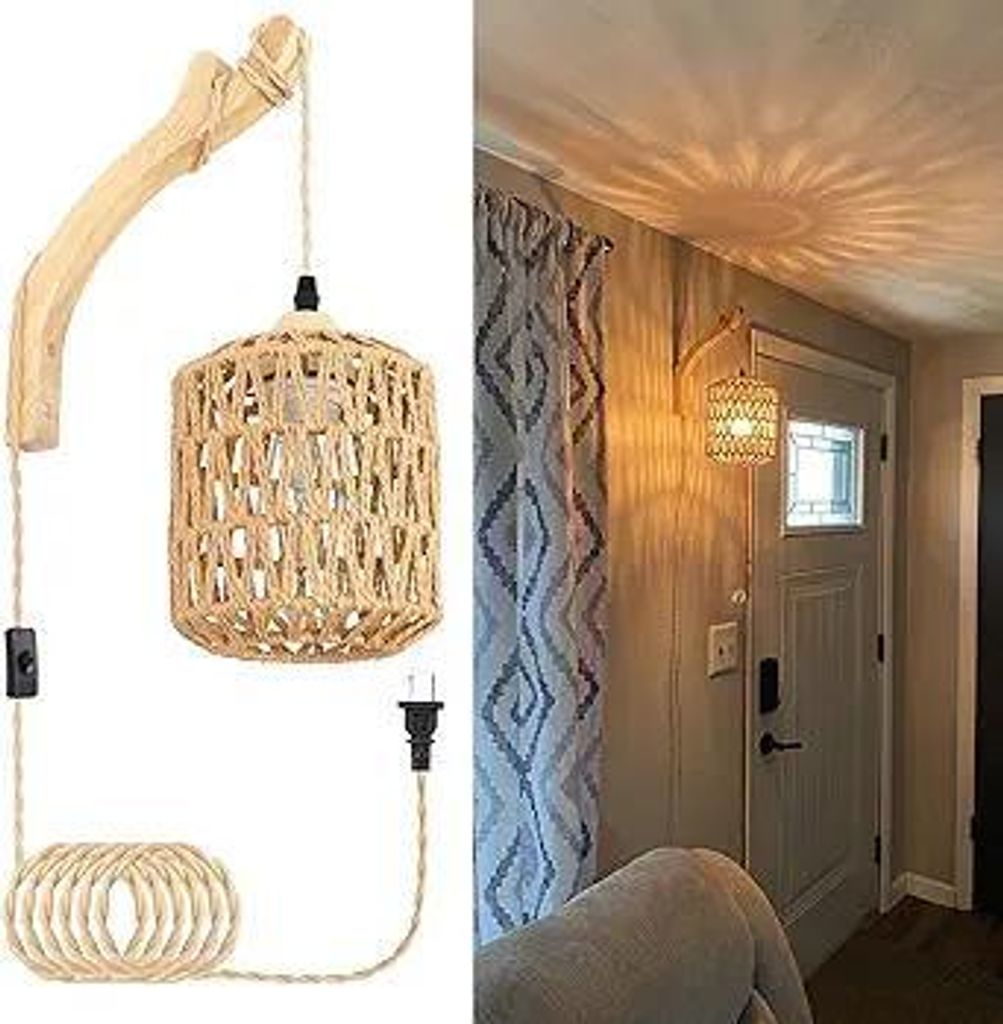 Vintage Bambus Wandlampe – Geflochtene Wandleuchte im Naturstil, Holz & Rattan Handarbeit, LED geeignet, für Flur, Restaurant, Teestube & Hotel