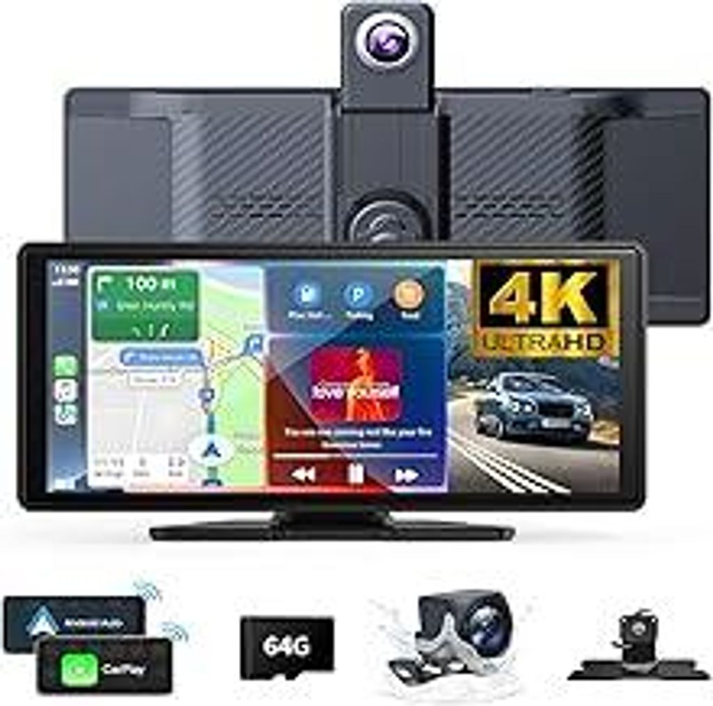10.26 Wireless Carplay Screen 360 Rotation 4K Dash Cam Carplay/Android Auto Auto Stereo Auto Audio Empfänger mit 1080p Backup Kamera GPS Navigatio...