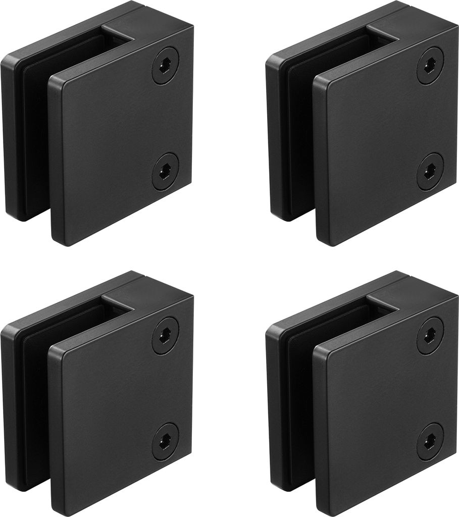 Four black glass clamps are arranged in a 2x2 grid on a white background.