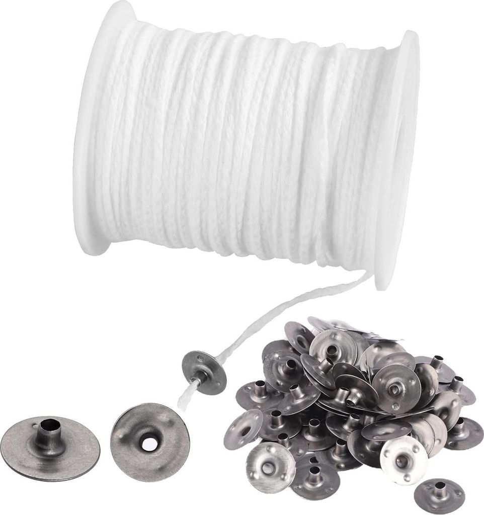 Stoppini Per Candele In Cotone 61 Metri – Kit Fai Da Te Con 100 Adesivi E Portastoppino, Senza Fumo, Per Candele, Cera D'Api E Paraffina
