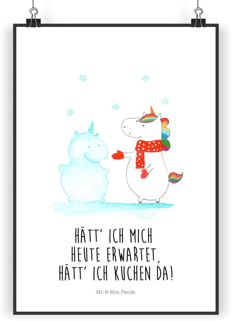 Mr. & Mrs. Panda Bild Einhorn Schneemann DIN A3 - Weiß - Geschenk, drucke, Wandbild, Schnee, Plakat, Winter, Weihnachten, kalt, Unicorn, Kuchen, w...
