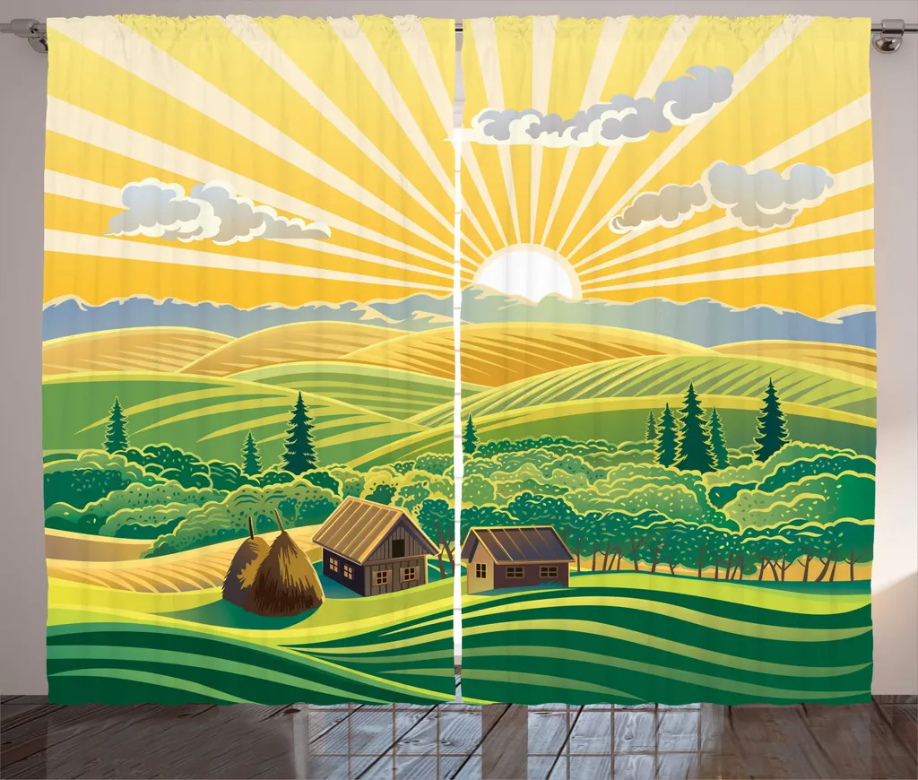 Rideaux de salon universels à motif paysage champêtre vallonné jaune