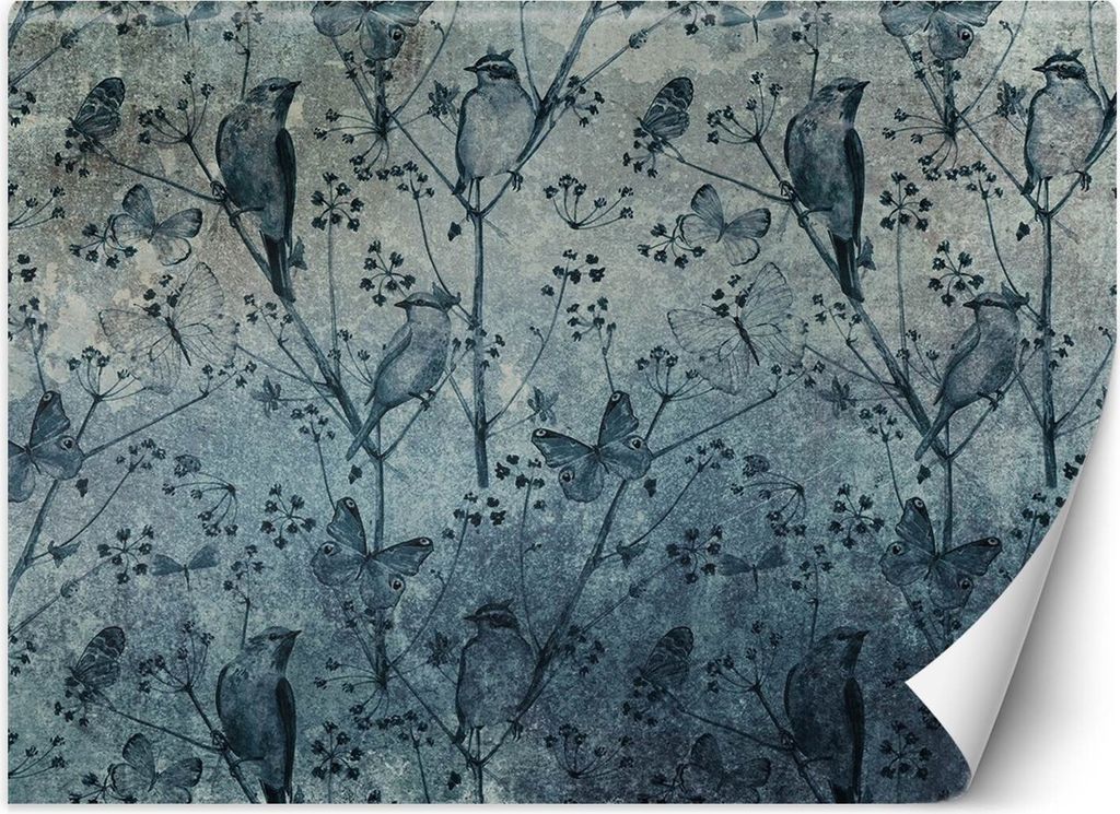 Vlies fototapete Vögel und Schmetterlinge an einer Wand 368x254 cm Feeby Grün inkl. Kleber einfache Montage