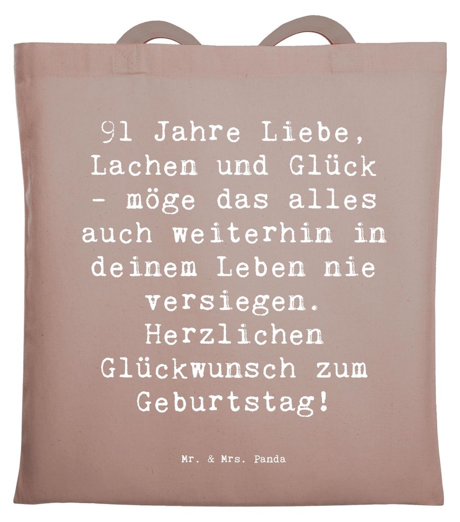 Mr. & Mrs. Panda Stoffbeutel Spruch 91. Geburtstag - Braun Pastell - Geschenk, Happy Birthday, Tragetasche, Tote Bag, 91 Jahre, Geburtstagsdeko, Be...