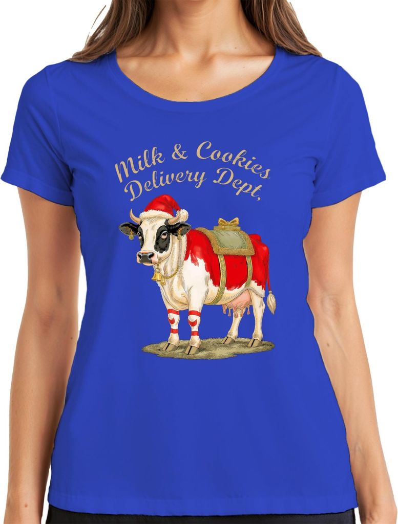 Milk & Cookies Delivery Dept Weihnachtskuh Santa Glocke Geschenk Damen T-Shirt, Blau, XXL