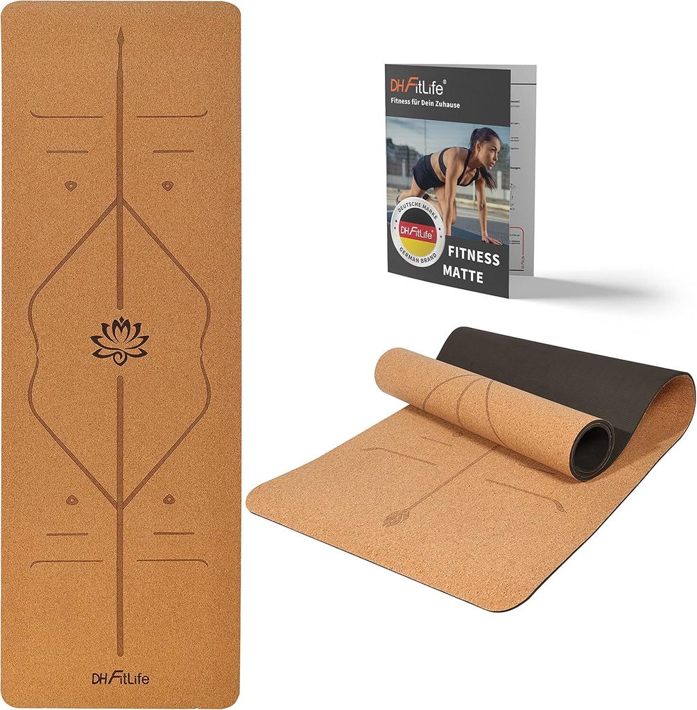 DH FitLife Yogamatte aus Kork & TPE (großer Lotos), Gymnastikmatte 183 x 61 x 0,6 cm, Yoga mat Sportmatte Fitnessmatte rutschfest, Yoga Matte dick...