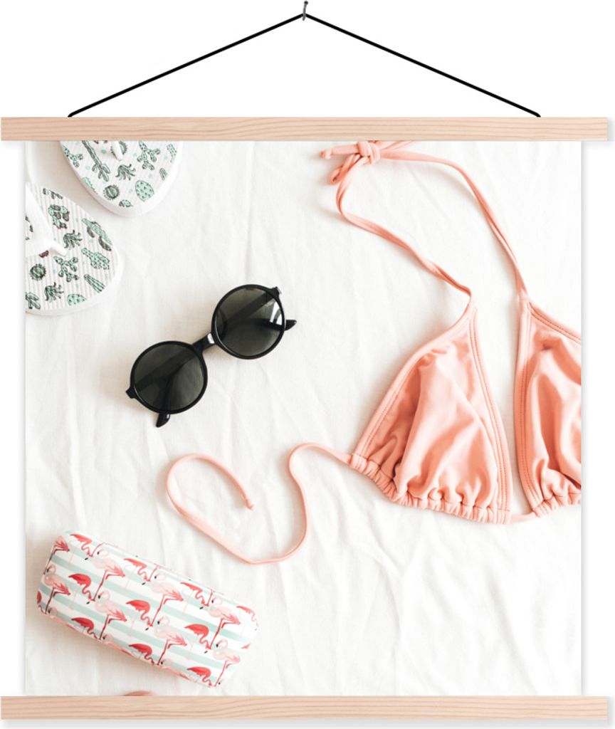 MuchoWow Textilposter Sommer - Bikini - Sonnenbrille 60x60 cm mit holzfarbenen Rahmen - Wanddekoration