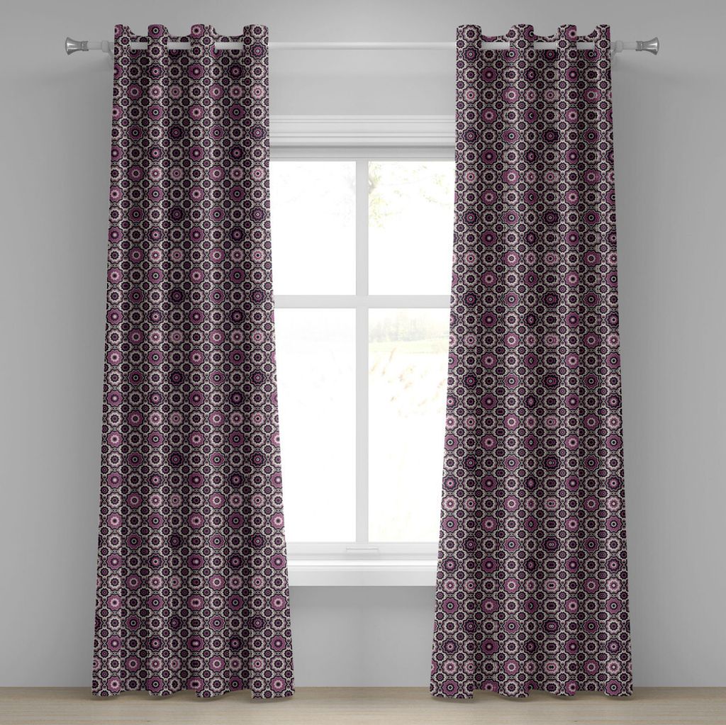 ABAKUHAUS Lila Ösenvorhang, Verführerisches blühendes Natur-Kreis-geometrisches Muster der Blumenzusammensetzung, Dekorative 2-Panel-Fenstervorh...