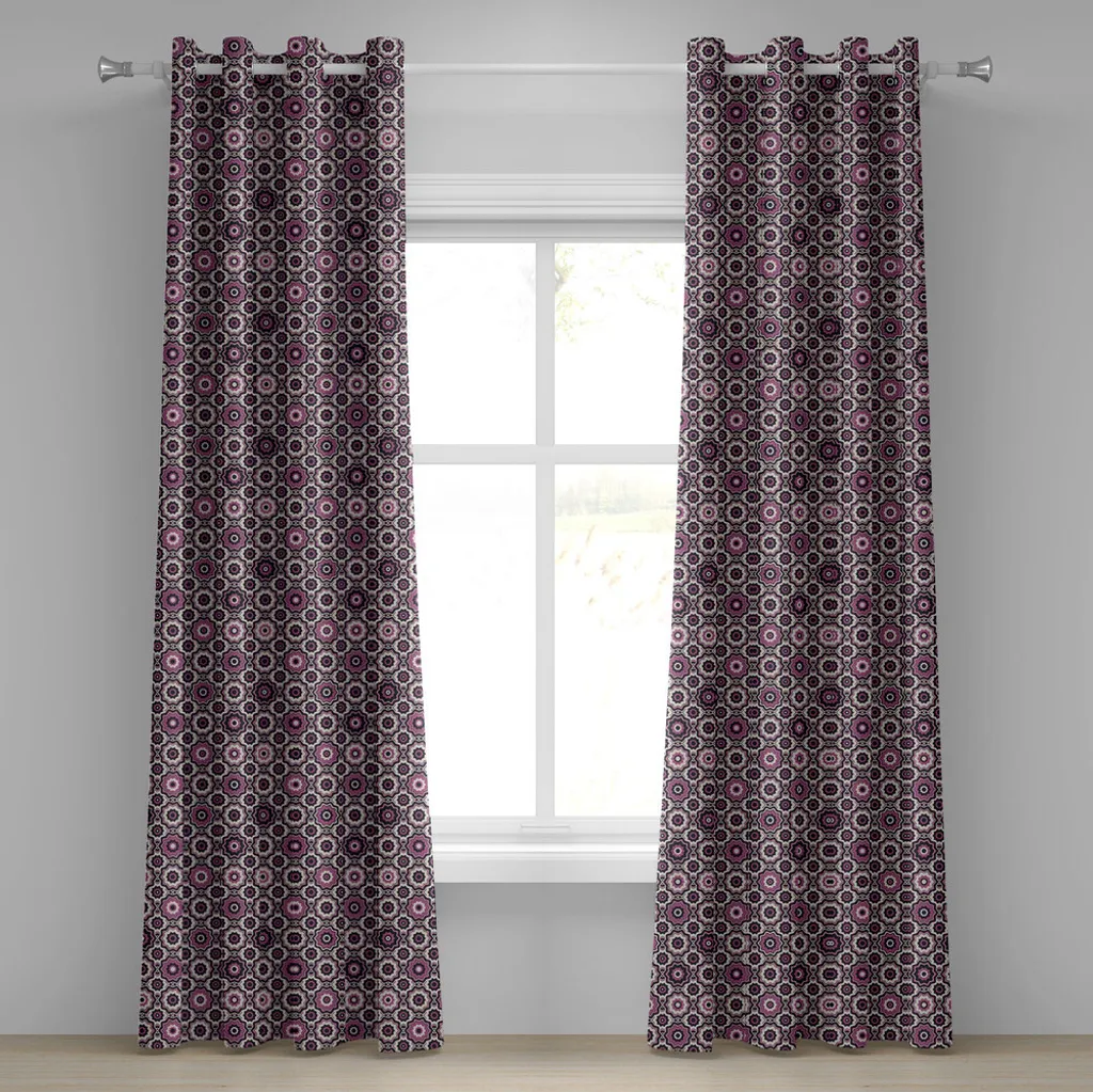 Rideaux décoratifs à 2 panneaux violets motif floral beige 280x245 cm