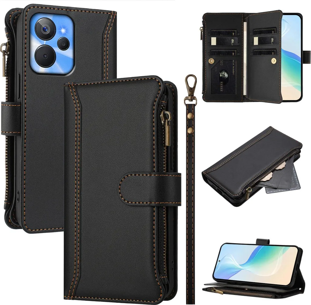 Cover Realme V20 / 10T Flip Case Nera | Portafoglio con Zip e Supporto