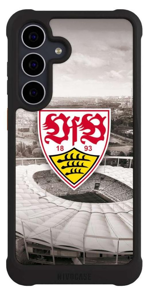 NIVOCASE Hülle für Samsung Galaxy S25 FE Stoßfeste Handyhülle NIVOmax Case Schwarz Offizielles Lizenzprodukt Stadion VfB Stuttgart