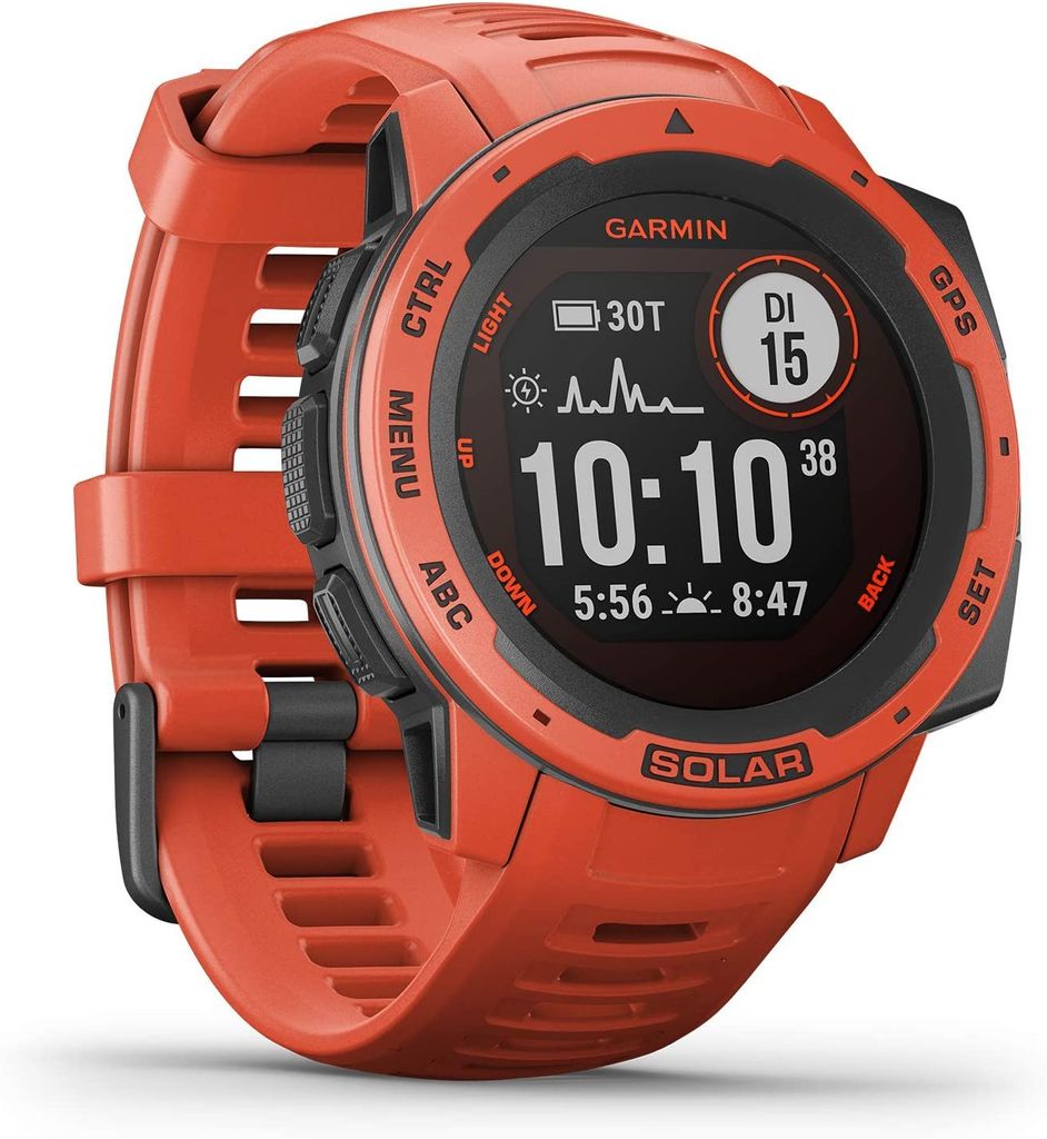 A close-up studio shot of an orange Garmin Instinct Solar watch.