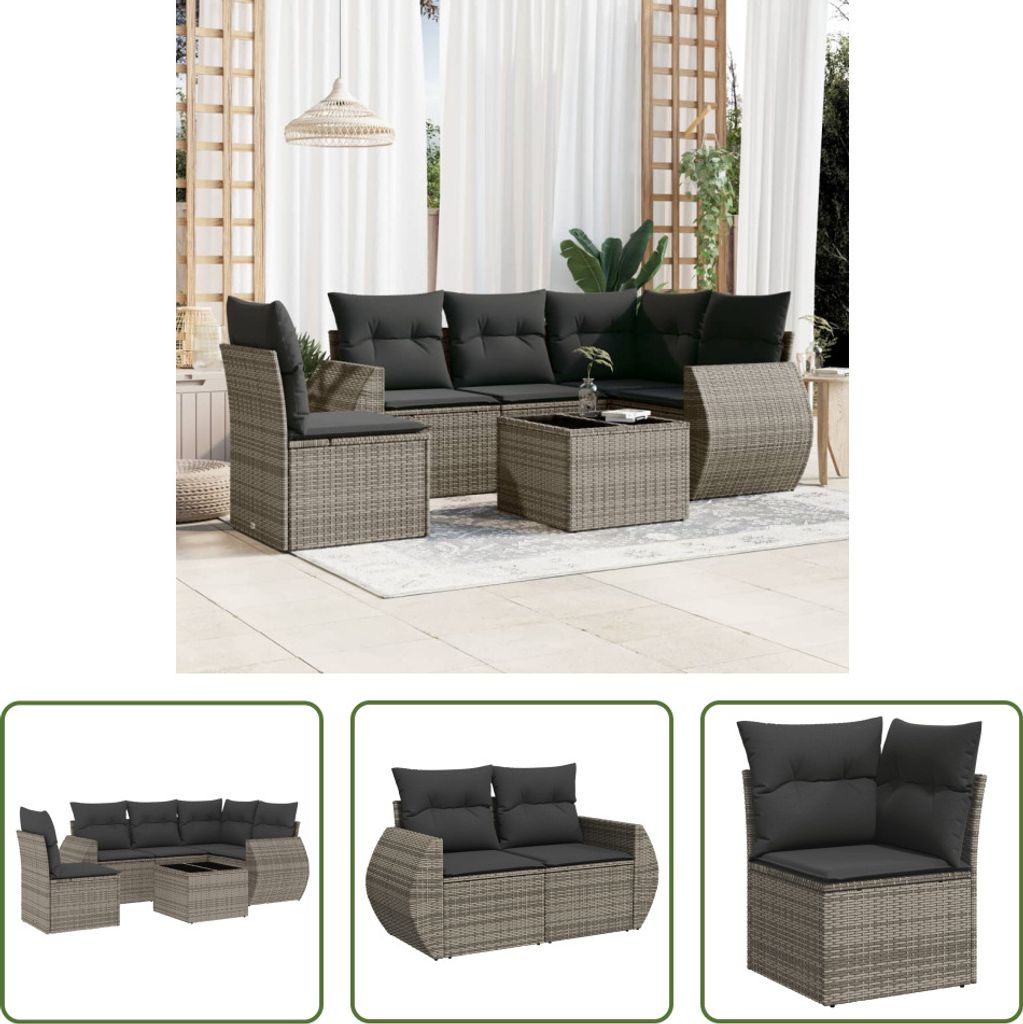 The Living Store 6-tlg. Garten-Sofagarnitur mit Kissen Grau Poly Rattan