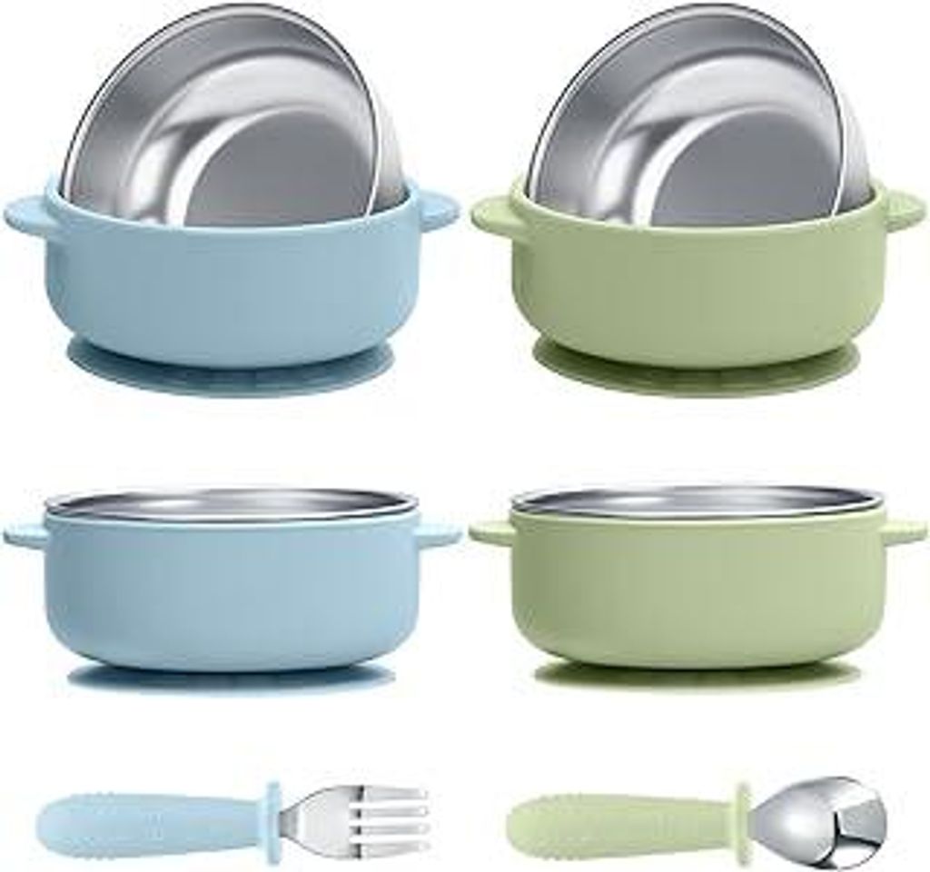 2 Stück Baby Schüsseln mit Saugnapf, Breischale Baby Edelstahl mit Babybesteck, BPA-Frei Kinderschüssel Kinder Schale Rutschfest Essen Geschirr ...