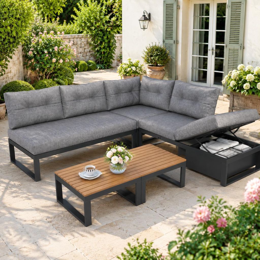 Gartenm?bel Set Dunkelgrau Lounge Sofa mit Liegefunktion Verstellbare Rš¹ckenlehne Terrassenm?bel Balkonm?bel wetterfest Gartenlounge mit Staurau...
