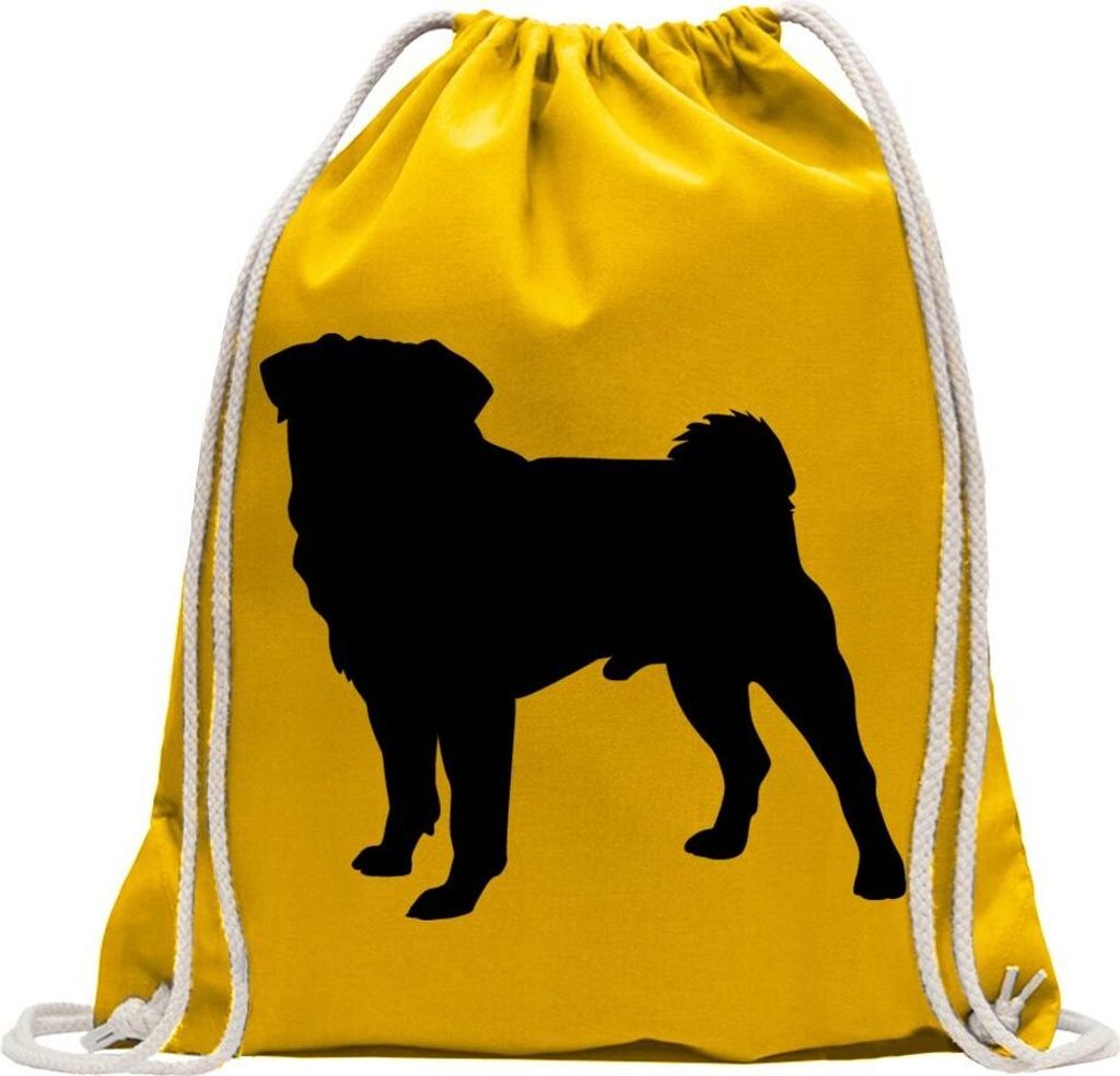 Kiwistar - Turnbeutel - gelb - Mops Hundrasse Pug Carlin - Fun Rucksack Sport Beutel Gymsack Baumwolle mit Ziehgurt