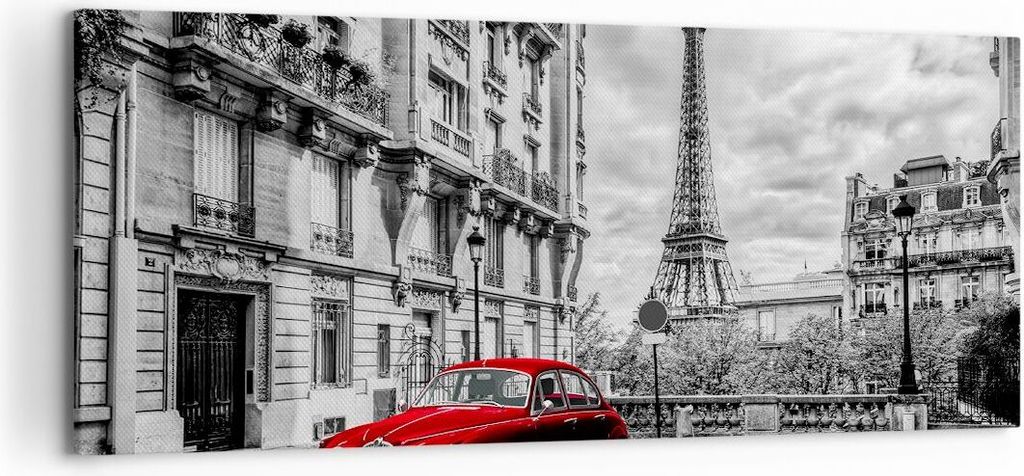 Bild auf Leinwand - Leinwandbild - Auto Eiffle Straße Gebäude - 120x50cm - Wand Bild - Wanddeko - Leinwanddruck - Bilder - Kunstdruck - Wanddekor...