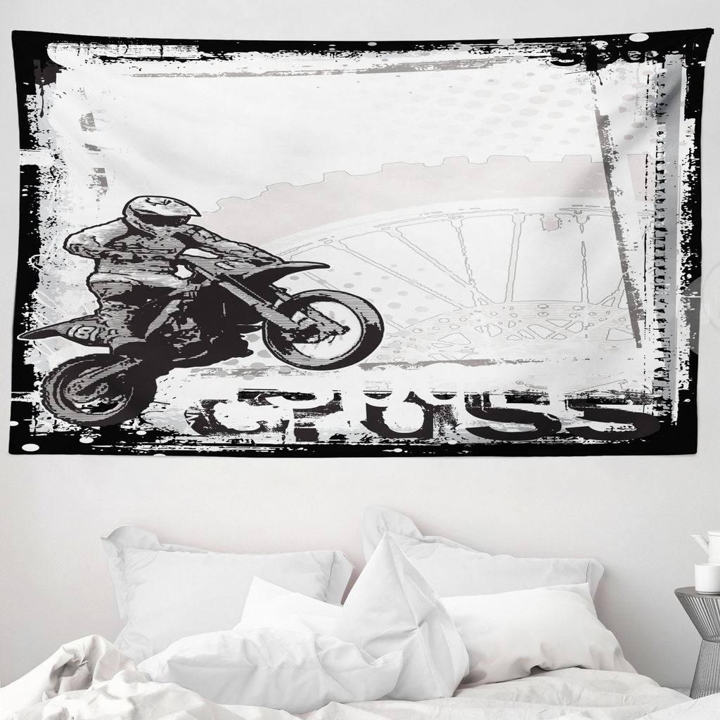 ABAKUHAUS inspirativ Wandteppich, Motocross Racer aus Weiches Mikrofaser Stoff Waschbar ohne Verblassen Digitaldruck, 230 x 140 cm, Weiß Schwarz