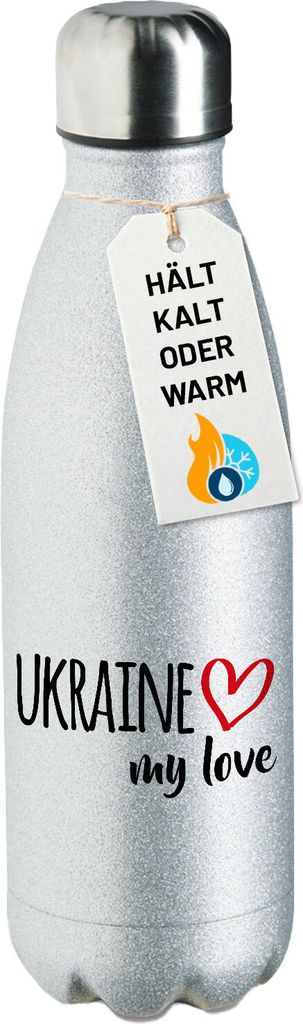 Huuraa Trinkflasche Ukraine my love 500ml Silver Edelstahl Wasserflasche Trinkflasche Geschenkidee