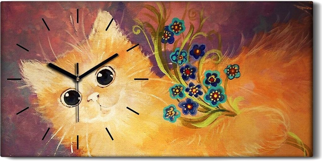 Wandbild Leinwand Bilder mit Uhr 60x30 Süßes Tier mit Blumen gemalte Katzen - schwarze Hände