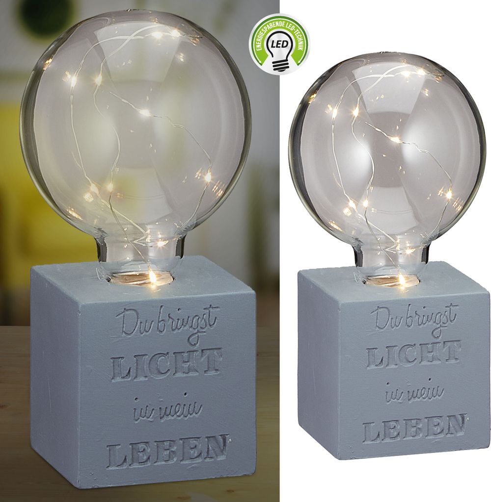 LED Leuchte auf Betonsockel batteriebetrieben Spruch Glühbirne 8x20x8cm Lichterkette Lampe Designleuchte