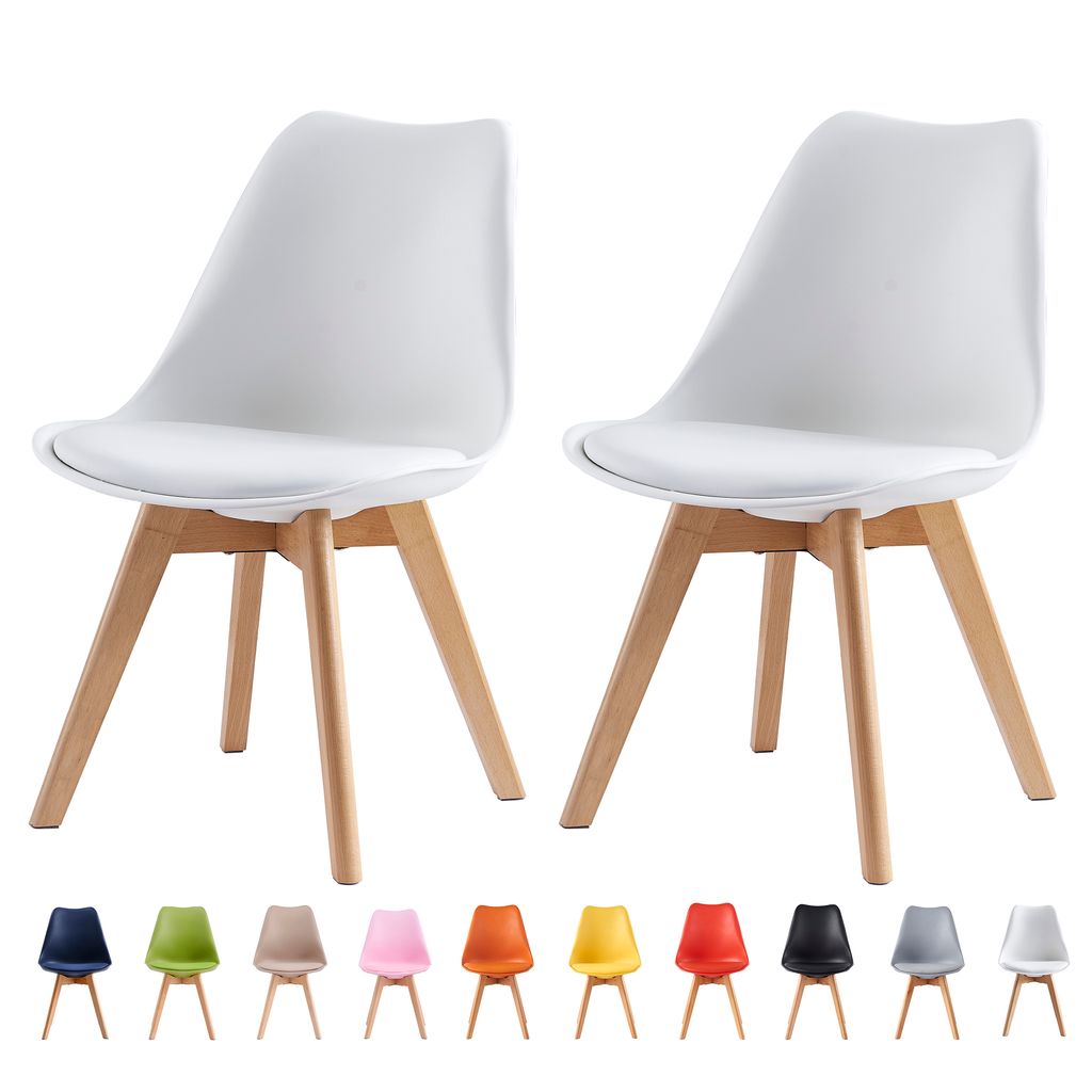 Two white chairs with wooden legs are displayed against a white background, with a row of smaller chairs in various colors shown below.