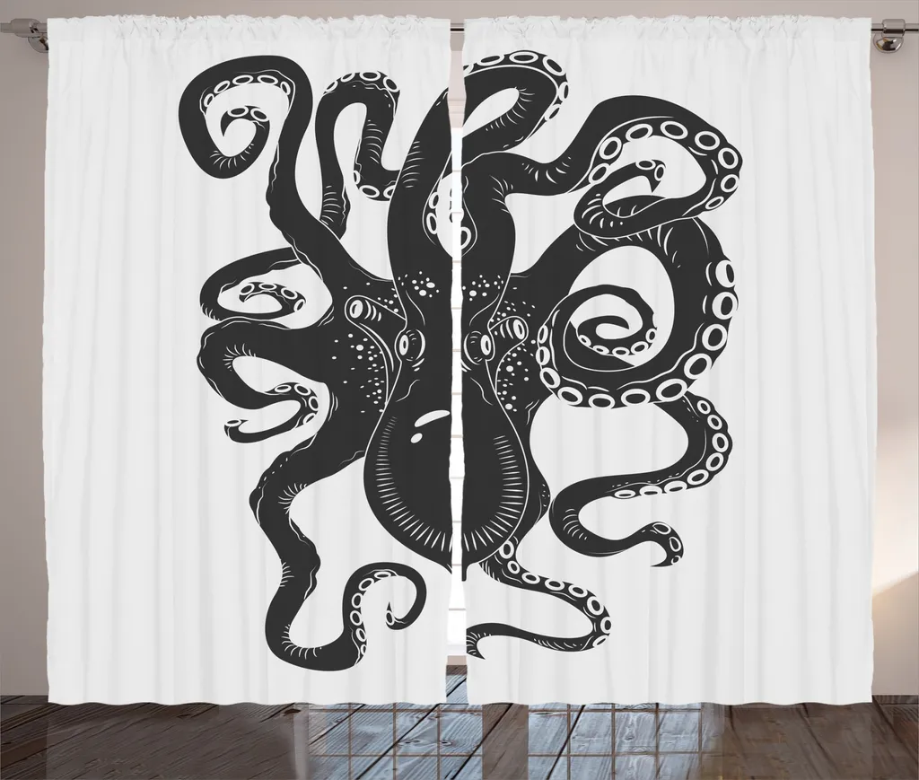 Rideau large 280x225 cm gris pour cacher le vis-à-vis, motif pieuvre