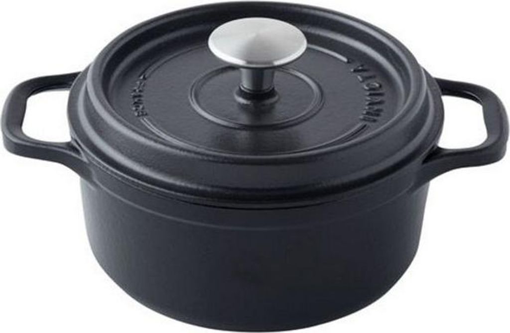 A black cast iron pot with a silver lid handle is shown against a white background.