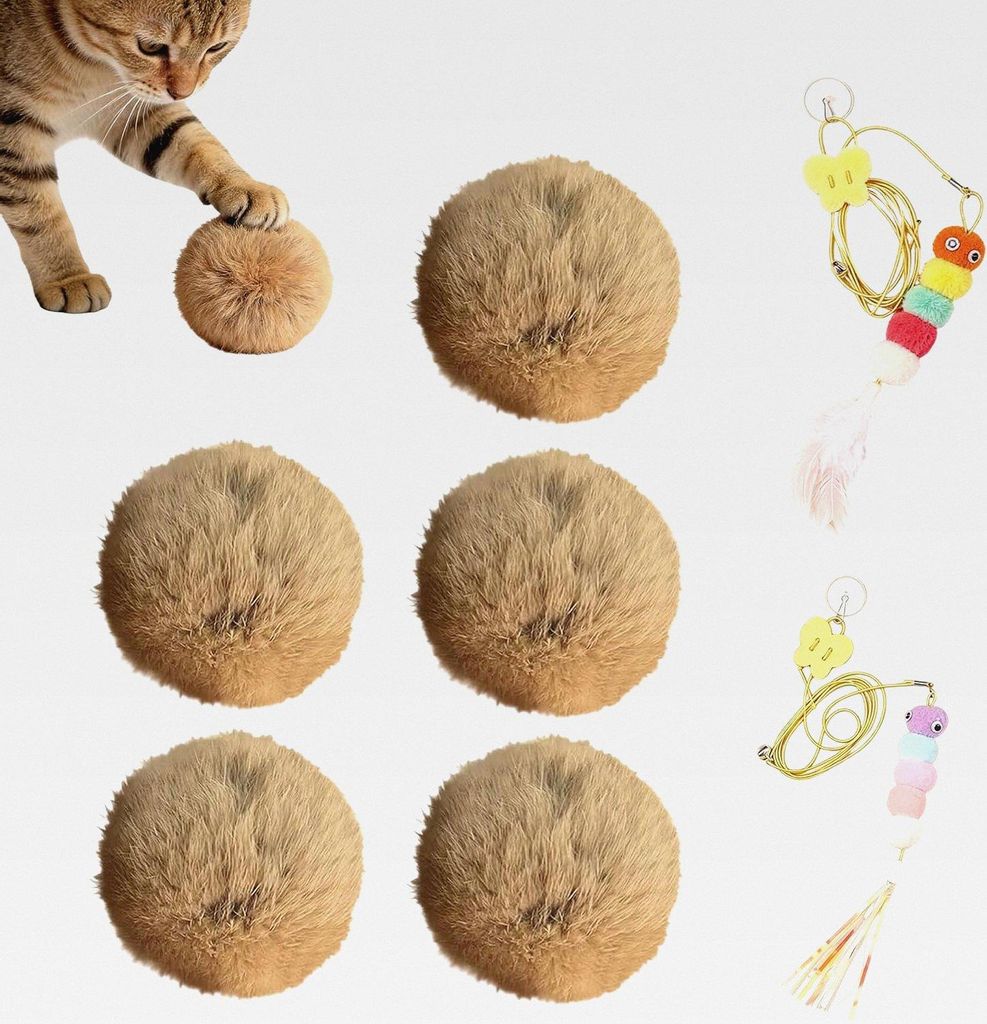 5 Stück Katzenbälle, 8 cm Interaktives Katzenspielzeug Bälle Mit 2 Seilen, Katzen Plüschbälle Für Drinnen Und Draußen, Zum Spielen Und Entsp...