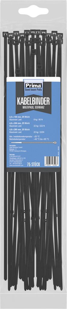 Prima Kabelbinder Mulitpack 75 St. Schw. 2,5x100mm/4,6x200mm/4,8x280mm