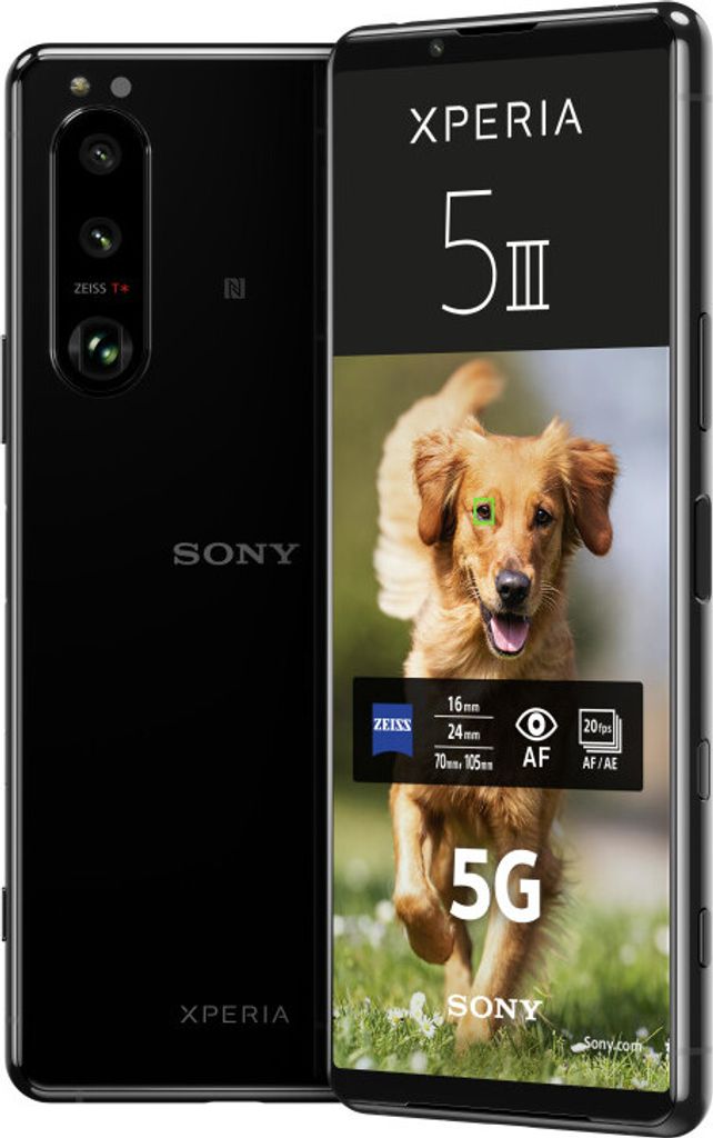 A black Sony Xperia 5 III smartphone is shown, with the front displaying a golden retriever dog and marketing text. The back of the phone is also visible.