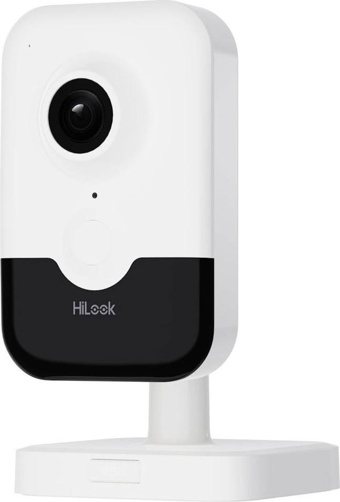 A white and black security camera on a white stand against a white background.