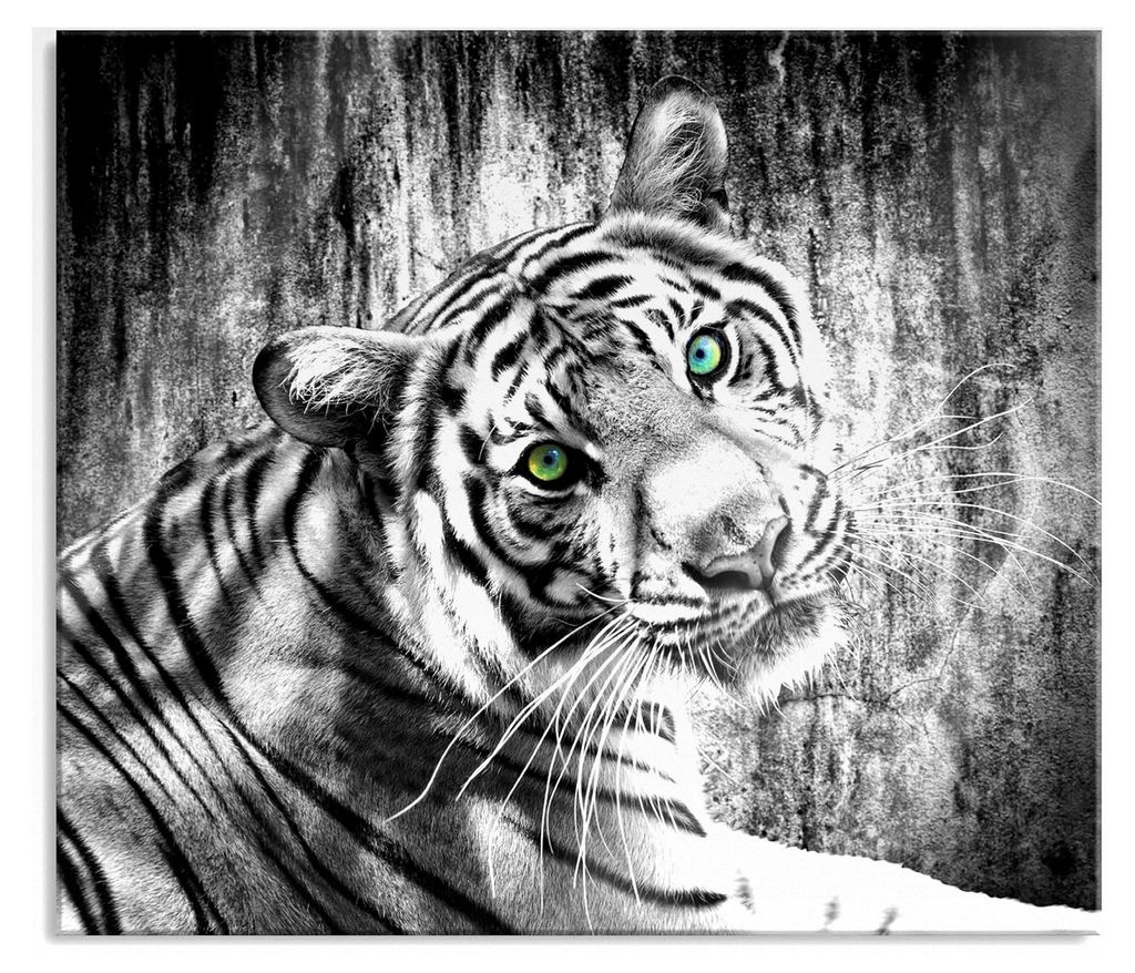 Neugieriger Tiger Herdabdeckplatte & Spritzschutz aus Echtglas | Für Herd-Kochfelder | 60x52 cm