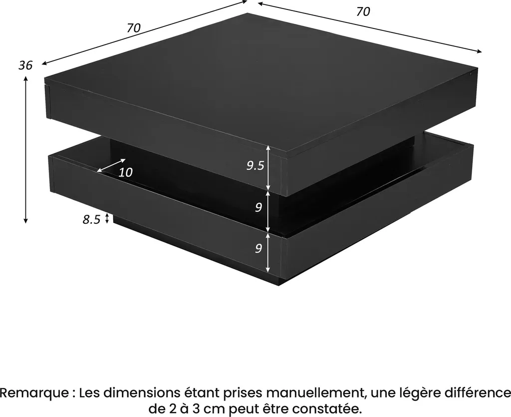 Table Basse Carrée Noir 70x70cm avec Éclairage LED Moderne - MODFU