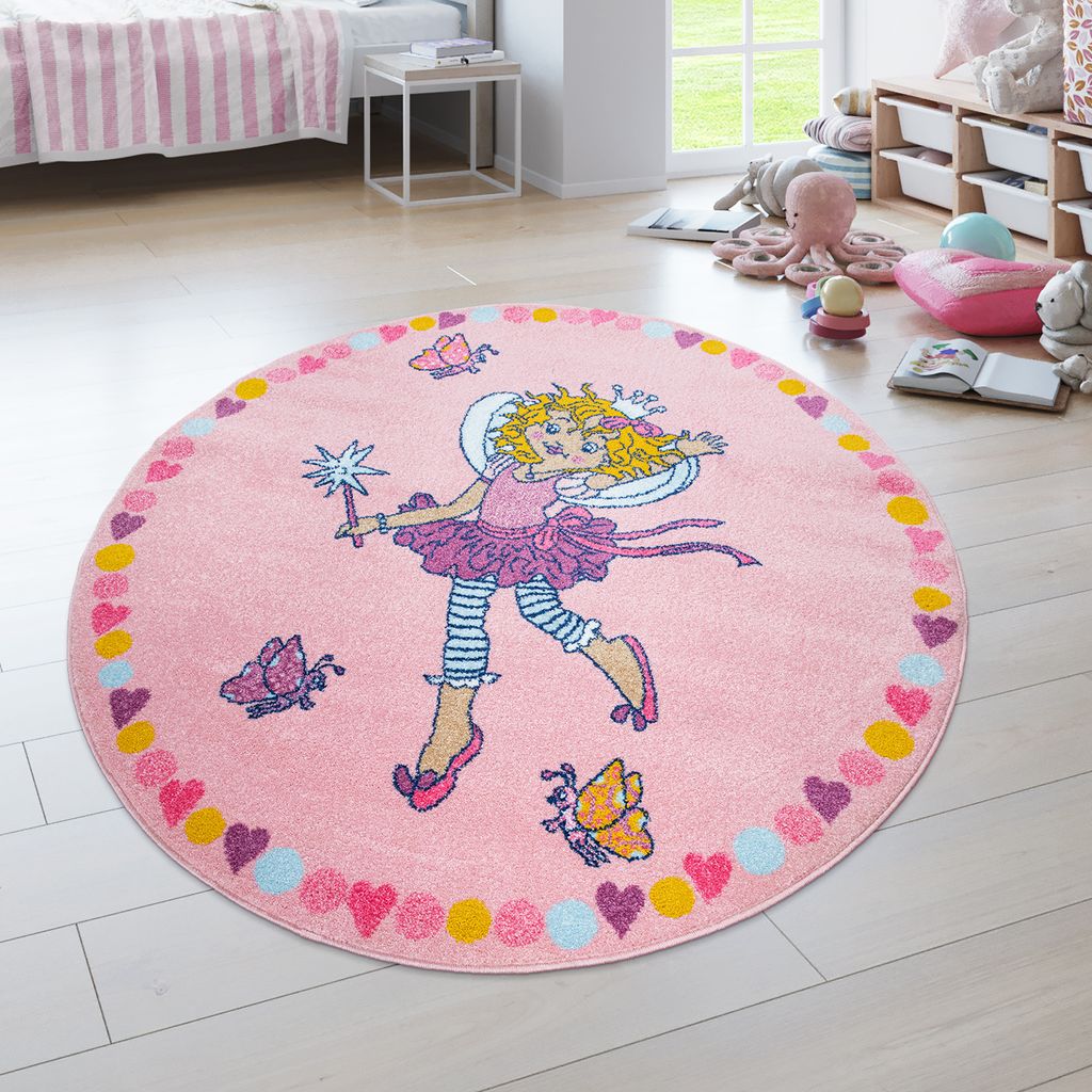 Kurzflor Kinder Teppich rutschhemmend Prinzessinnen Muster Pink Kinderzimmer 