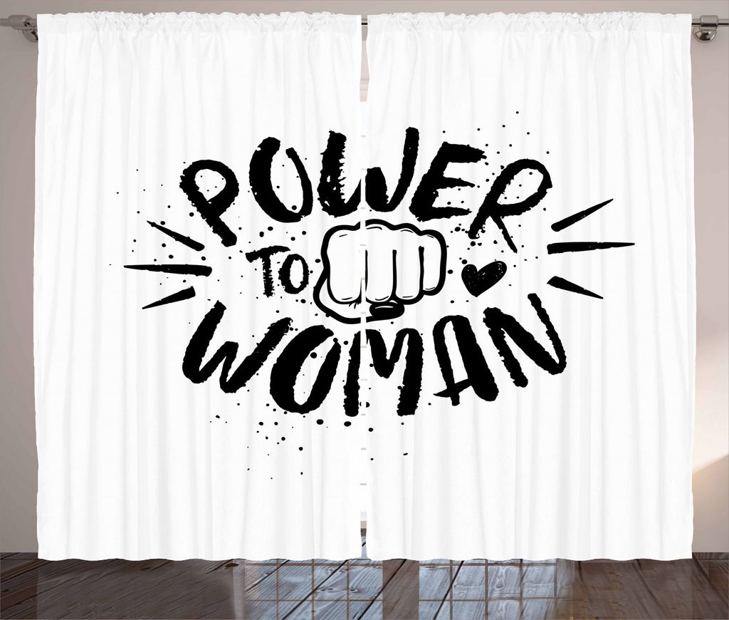 ABAKUHAUS Feminist Rustikaler Gardine, Power Frau Faust Form, Schlafzimmer Kräuselband Vorhang mit Schlaufen und Haken, 280 x 225 cm, Weiß und Sc...