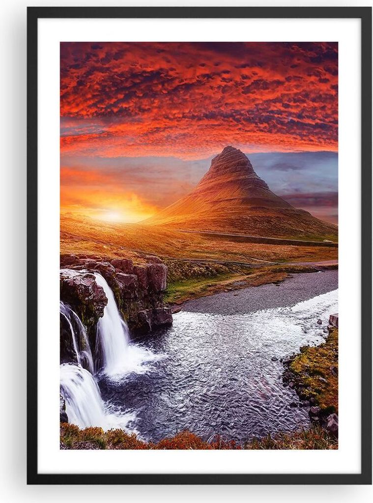 Gerahmtes Poster - Schwarzer Rahmen - Kirkjufell Wasserfall Berg - 50x70 cm - Wand Bild - Wanddeko - Wandbilder - Kunstposter - Wandposter - Bilder...