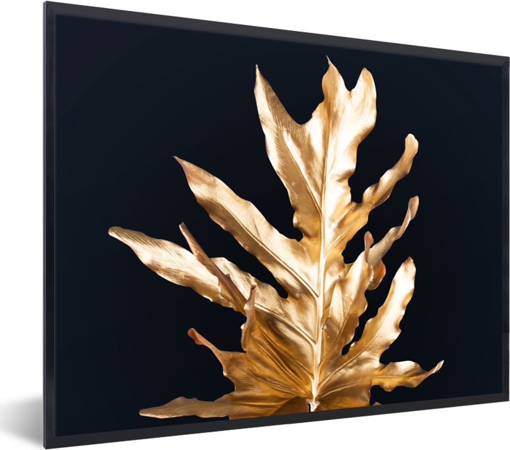 MuchoWow Gerahmtes Poster Blätter - Gold - Herbst - Natur - Luxus 40x30 cm - Poster mit Schwarzem Bilderrahmen Wandposter Rahmen Foto Bilder - K...
