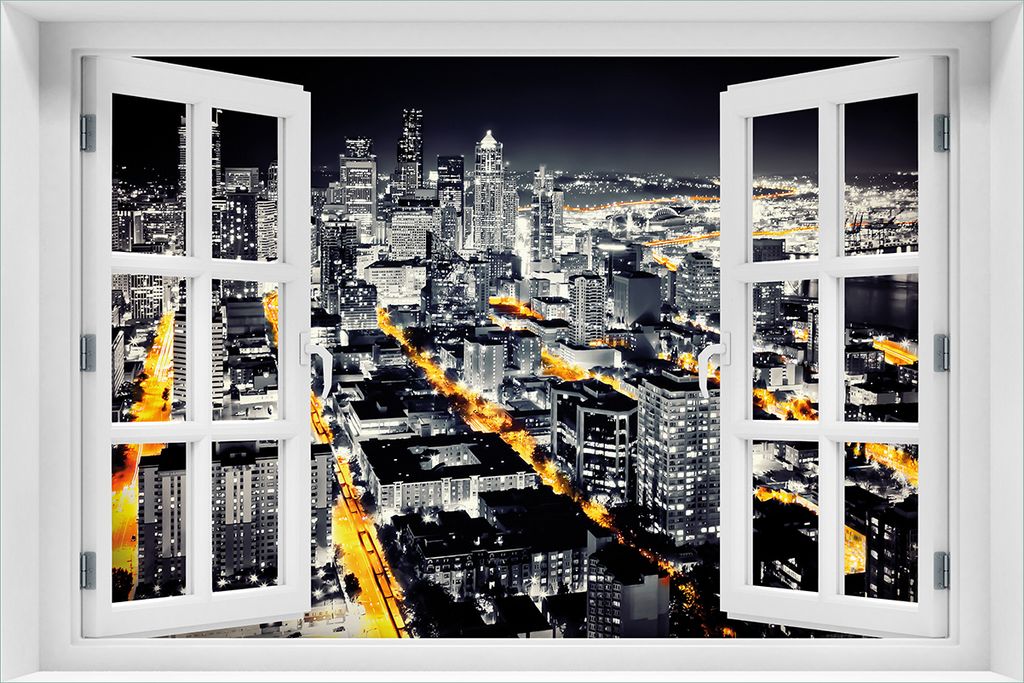 Wallario Poster mit Fenster-Illusion: Großstadt bei Nacht - Produktbild 
